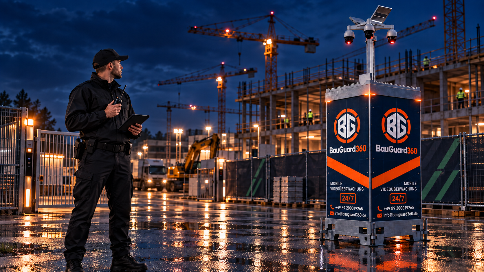 Sicherheitsmitarbeiter und BAUGUARD 360 Kameraturm auf einer Baustelle bei Nacht